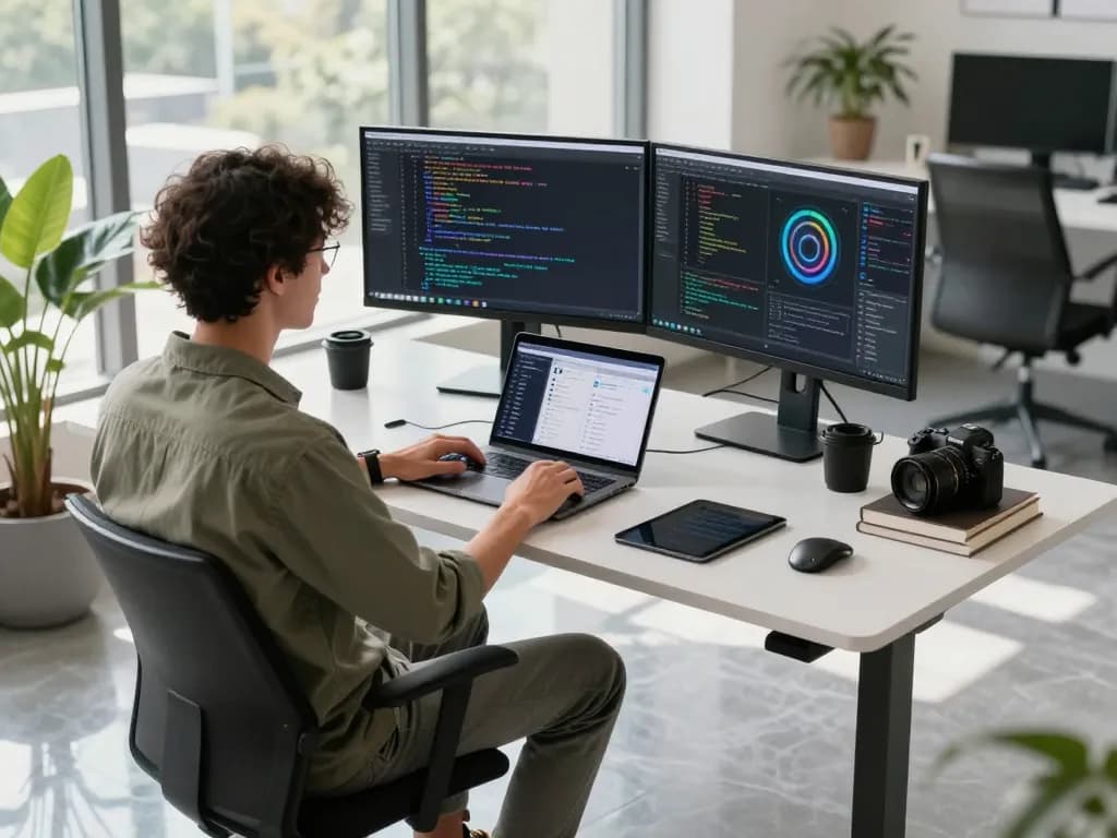 AI programming workspace featuring crushon ai technologies, modern desk, dual monitors, and natural light.