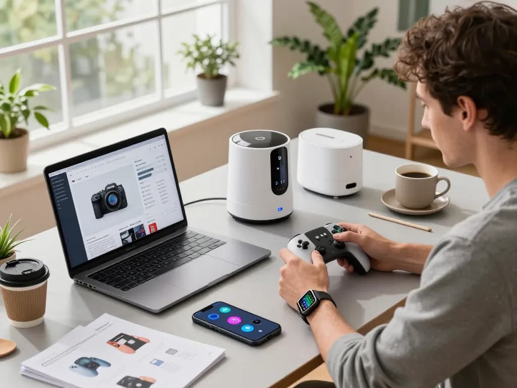 Tech enthusiast exploring latest tech gadgets 2033 in a modern workspace.