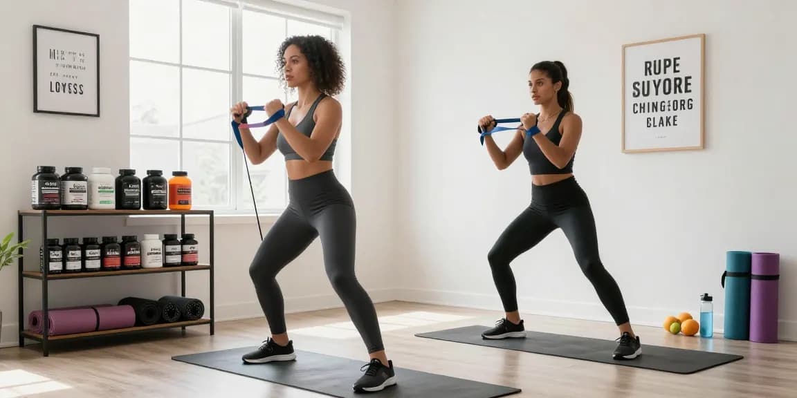 Dynamic workout scene showcasing Canadian peptides products in a modern home gym environment.