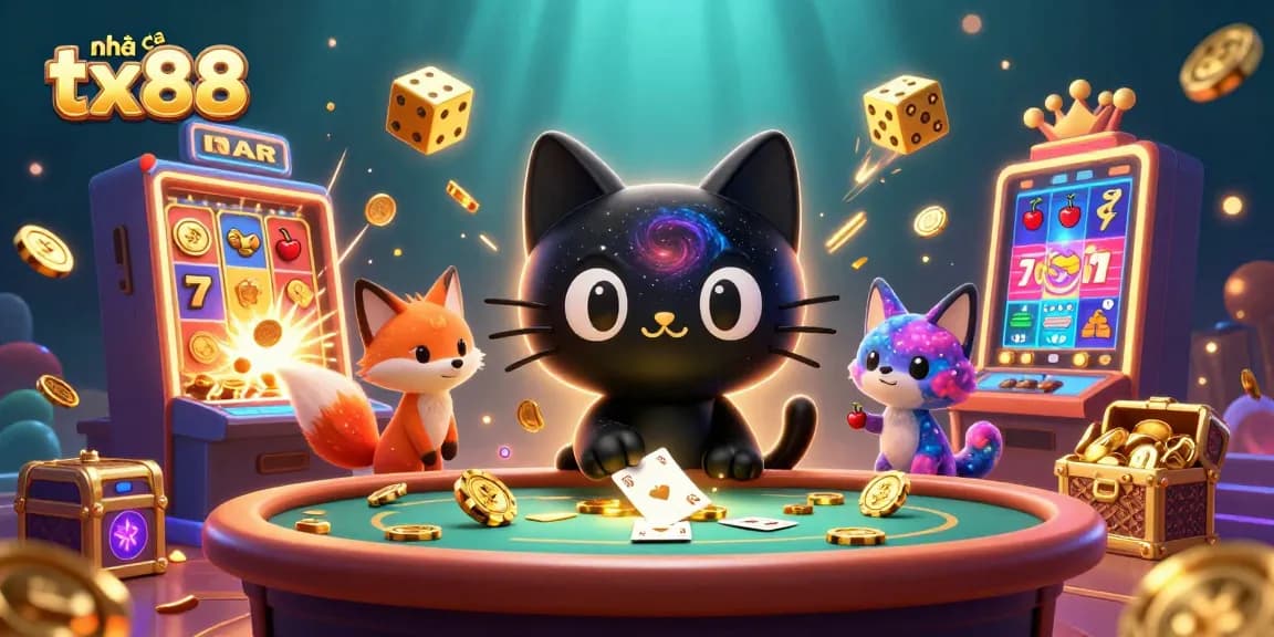 Experience the thrills of nhà cái tx88 in a cosmic casino with a black hole cat and vibrant elements.