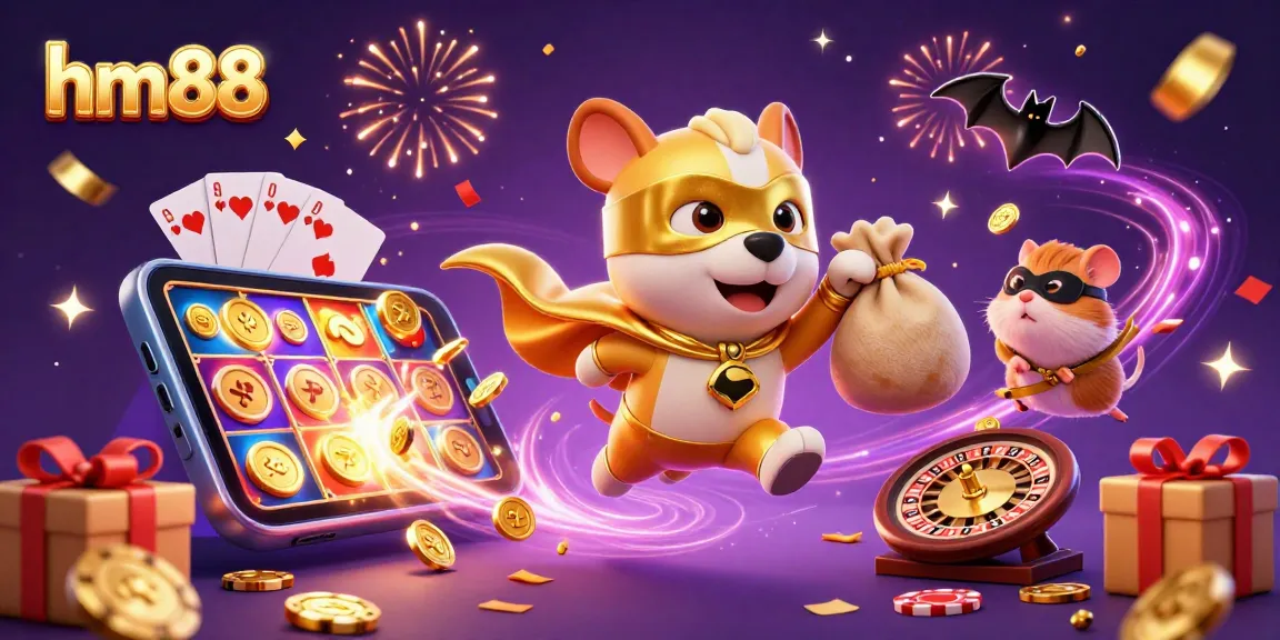 hm88 showcases winning moments with a superhero dog and hamster in a vibrant casino scene.