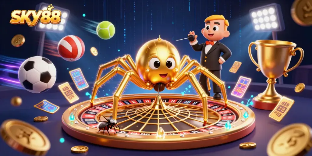 Engage with SKY88's thrilling roulette action featuring a vibrant 3D casino scene.