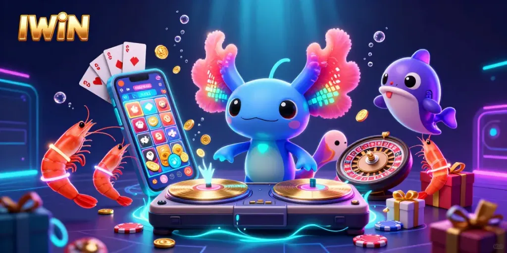 IWIN presents neon-themed casino fun with a DJ axolotl, shrimp dancers, and gambling elements in a vibrant underwater scene.