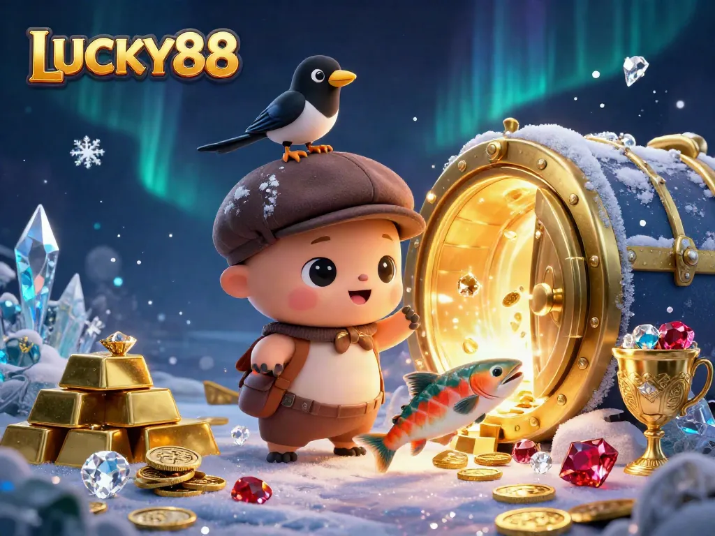 Spin the reels with LUCKY88 in this vibrant, treasure-filled casino scene featuring a playful Nessie.