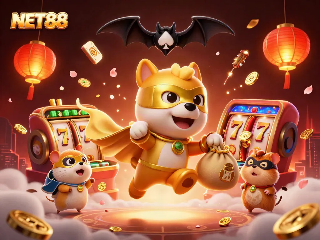 Experience the excitement of NET88 with a superhero dog saving the day in a packed casino scene full of vibrant gaming elements.