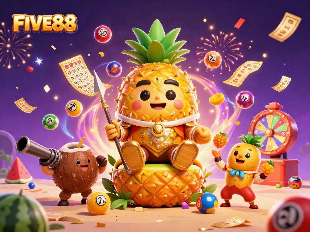 Engage with the exciting world of FIVE88 casino where the pineapple king reigns supreme amidst vibrant game elements.
