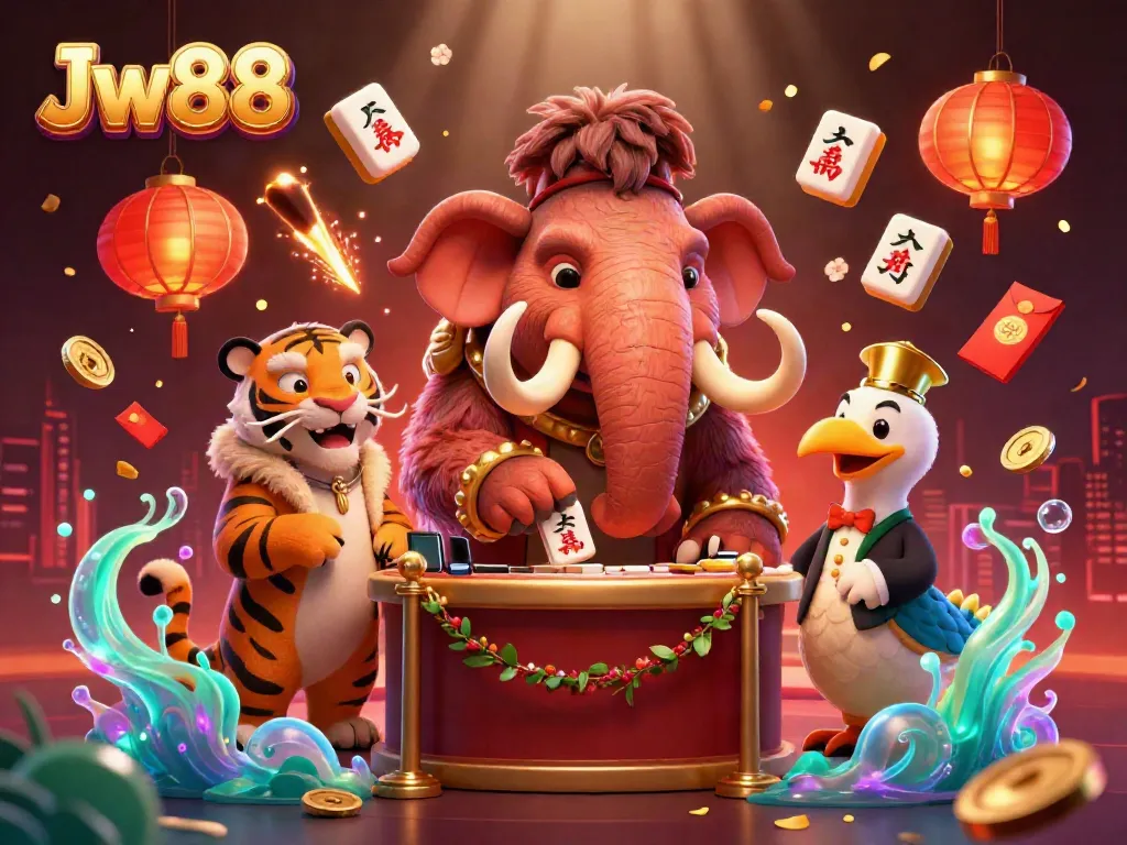 Jw88 welcomes players at the casino door with a cartoon mammoth bouncer and a VIP saber-tooth tiger.