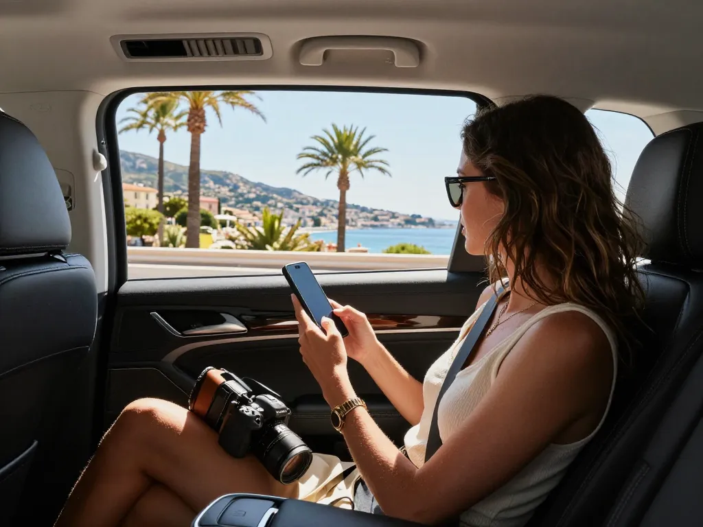Taxi Saint-Tropez, trajet de luxe avec vue panoramique et bagages stylés.