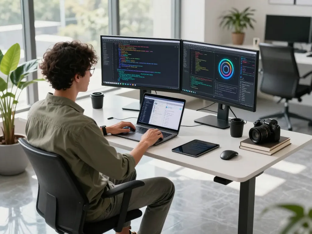 AI programming workspace featuring crushon ai technologies, modern desk, dual monitors, and natural light.