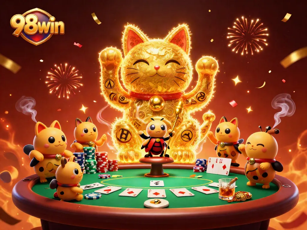 Experience thrilling gameplay at 98win with a colorful scene of a lucky cat amidst vibrant casino elements.