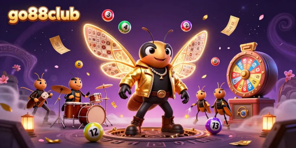 Engage with go88club's thrilling lottery games scene featuring a rock star cicada and vibrant visuals.