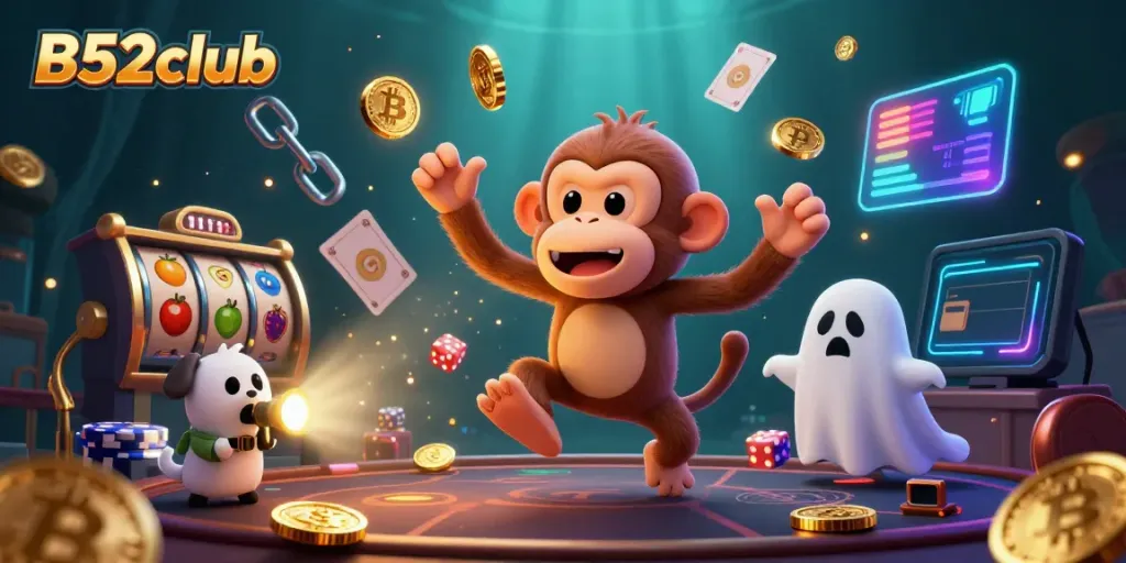 Experience thrilling gaming with B52club's playful characters and vibrant casino elements in a mysterious setting.