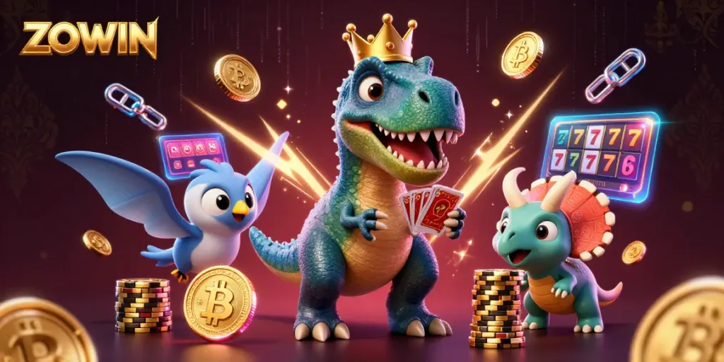 ZOWIN showcases a friendly T-Rex gaming with cards, while a triceratops stacks chips amidst vibrant gambling elements.