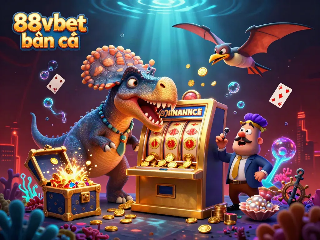 88vbet bắn cá showcases a cartoon dinosaur celebrating jackpot wins with vibrant casino elements.