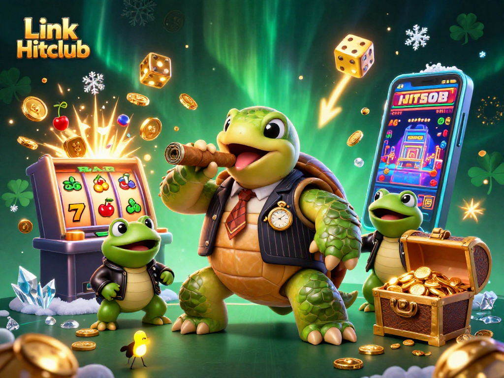 Spin and win at Link Hitclub with vibrant casino-themed illustration featuring turtles and frogs.