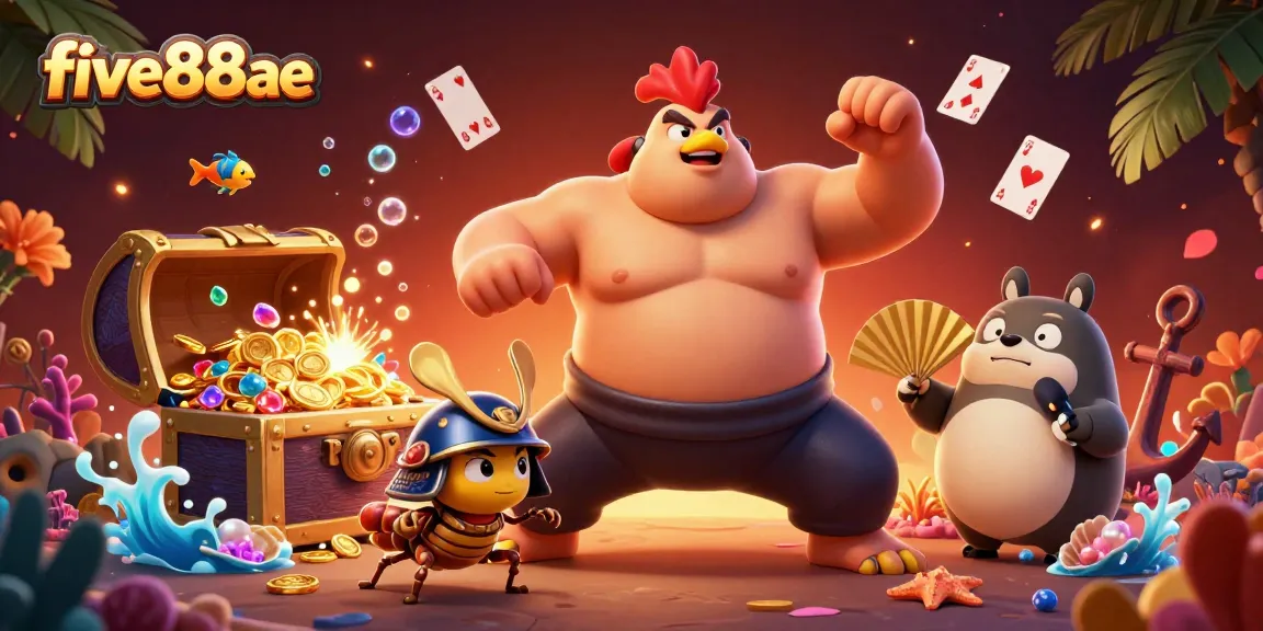 Engage with thrilling gaming action at five88ae featuring a powerful sumo rooster and samurai cricket.