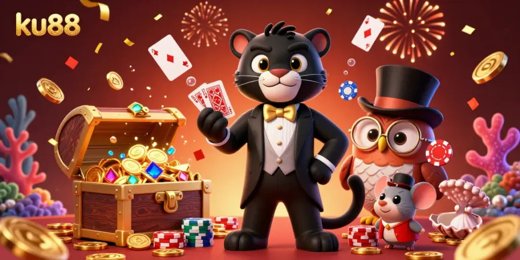 Experience thrilling gameplay at ku88 with a vibrant casino scene featuring a stylish panther, an owl, and a lucky mouse.