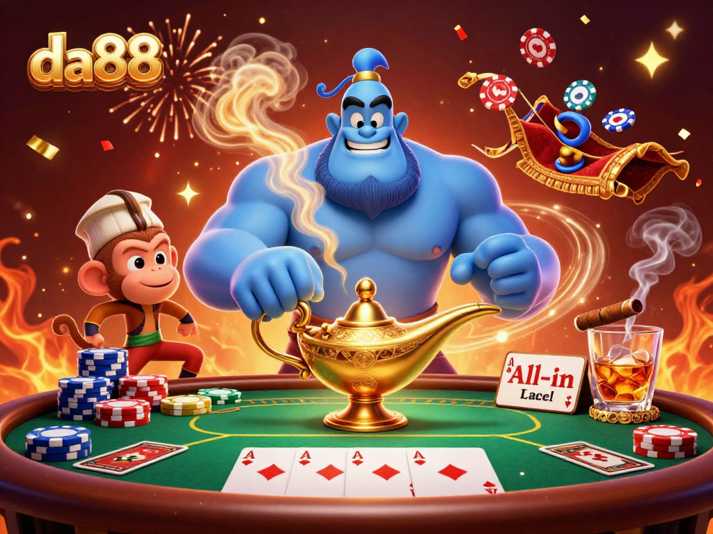 Engage in thrilling action at da88 as the Genie grants fortune amidst poker chips and magic!