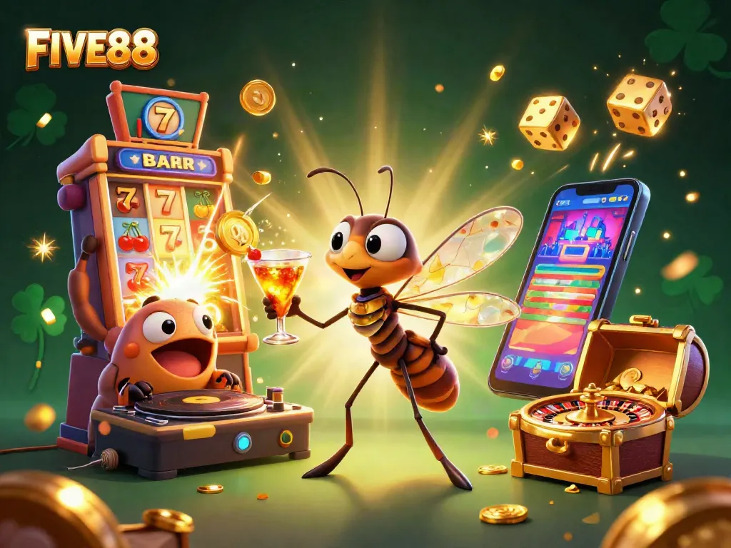 Join the excitement at FIVE88 with a lively casino scene featuring interactive gaming elements and dynamic characters.