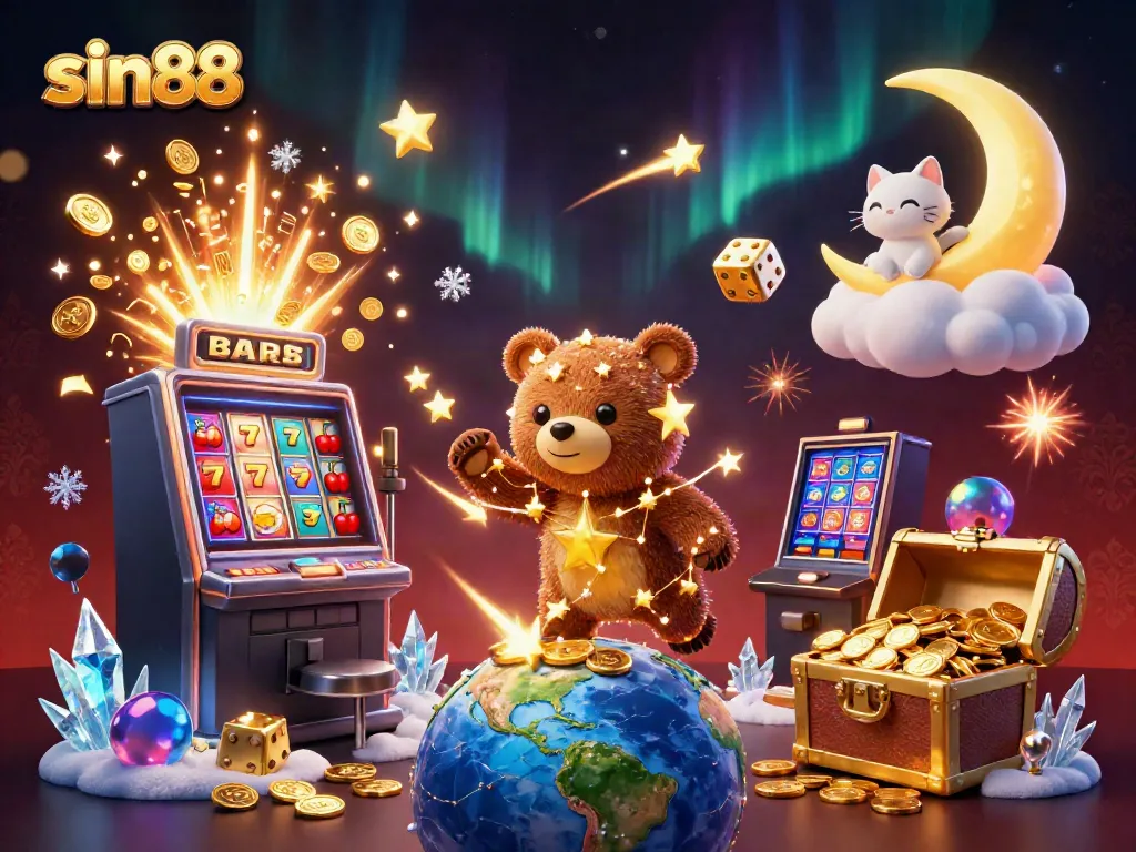 Engage with sin88's thrilling atmosphere as the cartoon constellation bear scoops coins amidst casino excitement.