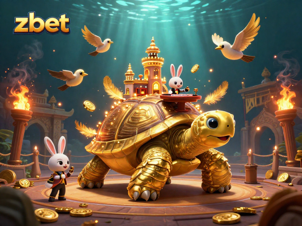 Engage in exciting casino fun with zbet featuring a unique golden tortoise and rabbit dealer.