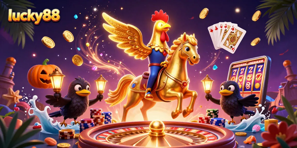 Experience the excitement of lucky88 as the golden rooster navigates a vibrant casino scene filled with treasures.