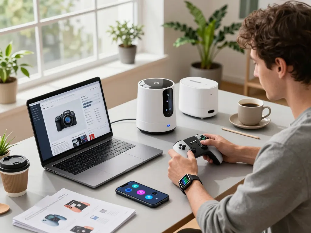 Tech enthusiast exploring latest tech gadgets 2033 in a modern workspace.