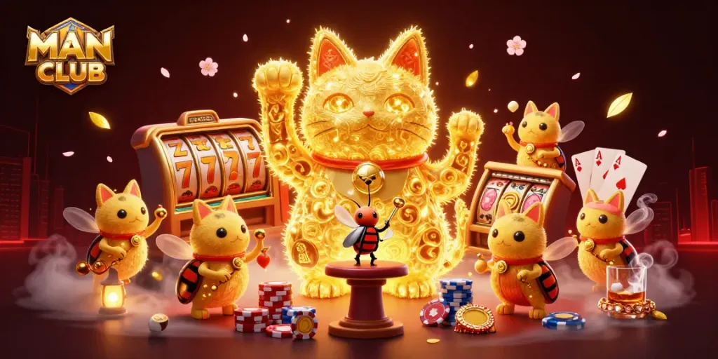 Engage in thrilling MANCLUB slots gameplay with a giant lucky cat guiding the action.