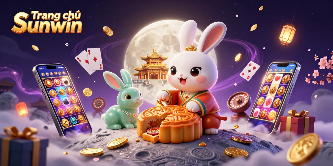 Play poker on Trang chủ Sunwin with a vibrant 3D illustration of a moon rabbit and casino gaming elements