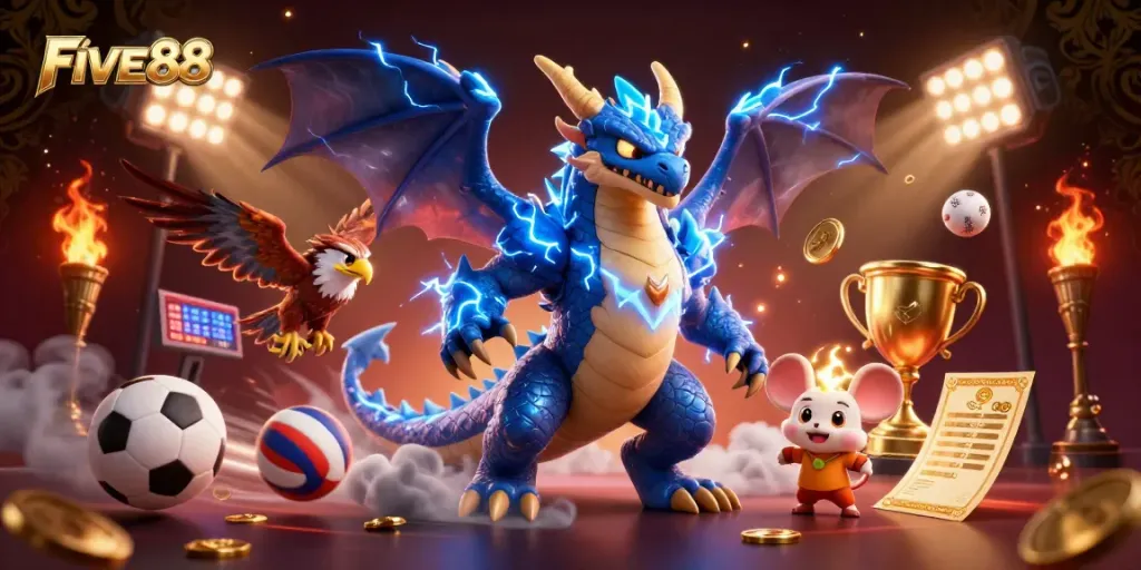 Experience thrilling gameplay at FIVE88, surrounded by vibrant sports elements and dynamic characters.