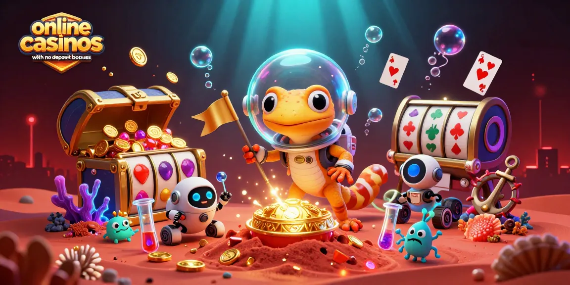 Explore online casinos with no deposit bonuses in this vibrant 3D illustration featuring Martian characters and casino elements.