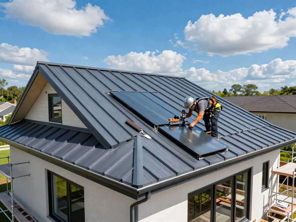 M Roof metal roofing installation with a craftsman working on a modern home.