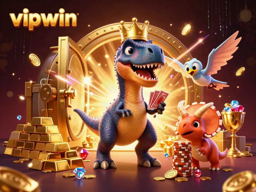 Experience thrilling moments at vipwin with a T-Rex shuffling cards and gold chips cascading in a dazzling casino scene.