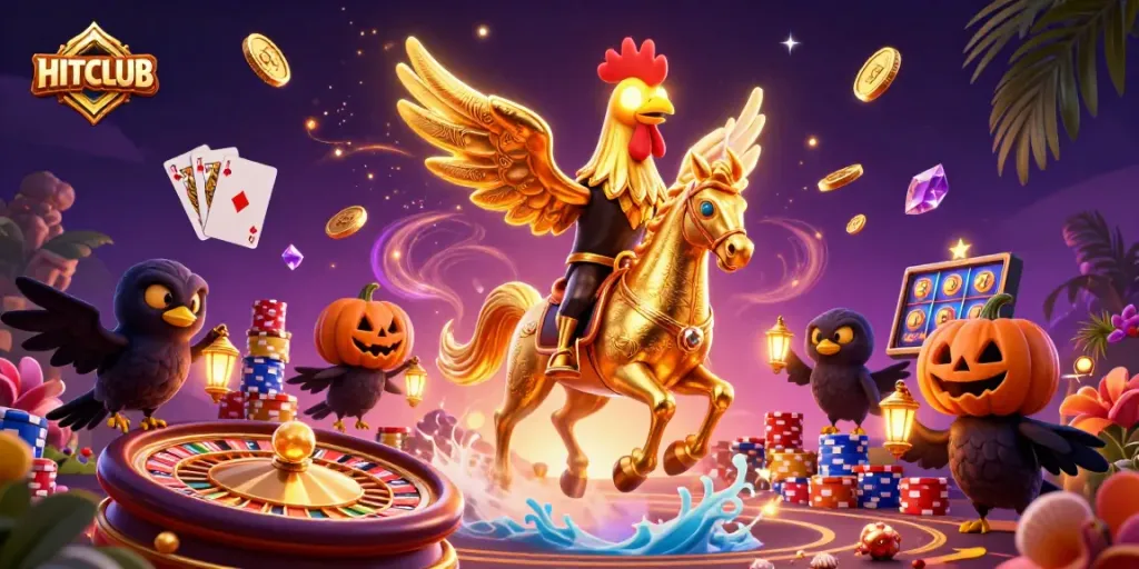 HITCLUB presents an exhilarating casino scene with a golden rooster and crow companions amidst dazzling game elements.