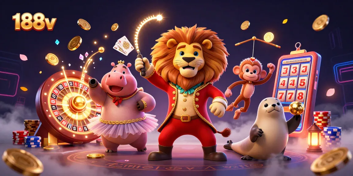 Experience the thrill at 188v with a vibrant casino scene featuring lively characters and rich game elements.