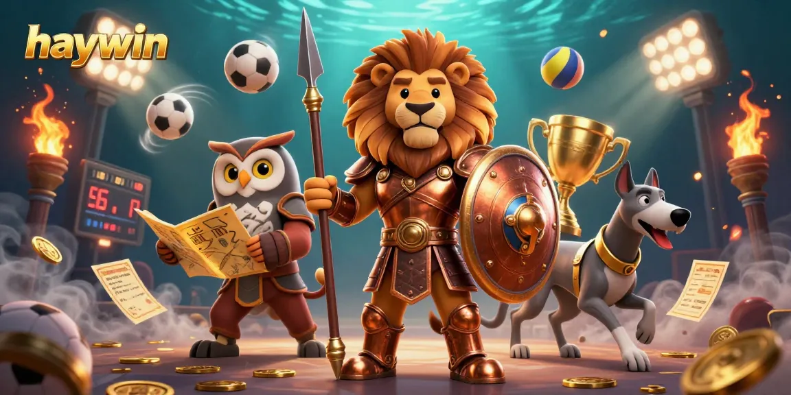 Experience the thrill of betting with haywin in this dynamic casino scene featuring a Spartan lion and lively sports elements.