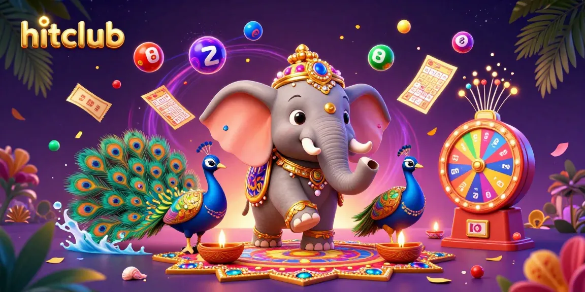 Hitclub offers vibrant gaming excitement with a 3D illustration of a colorful scene filled with lottery elements and luck.
