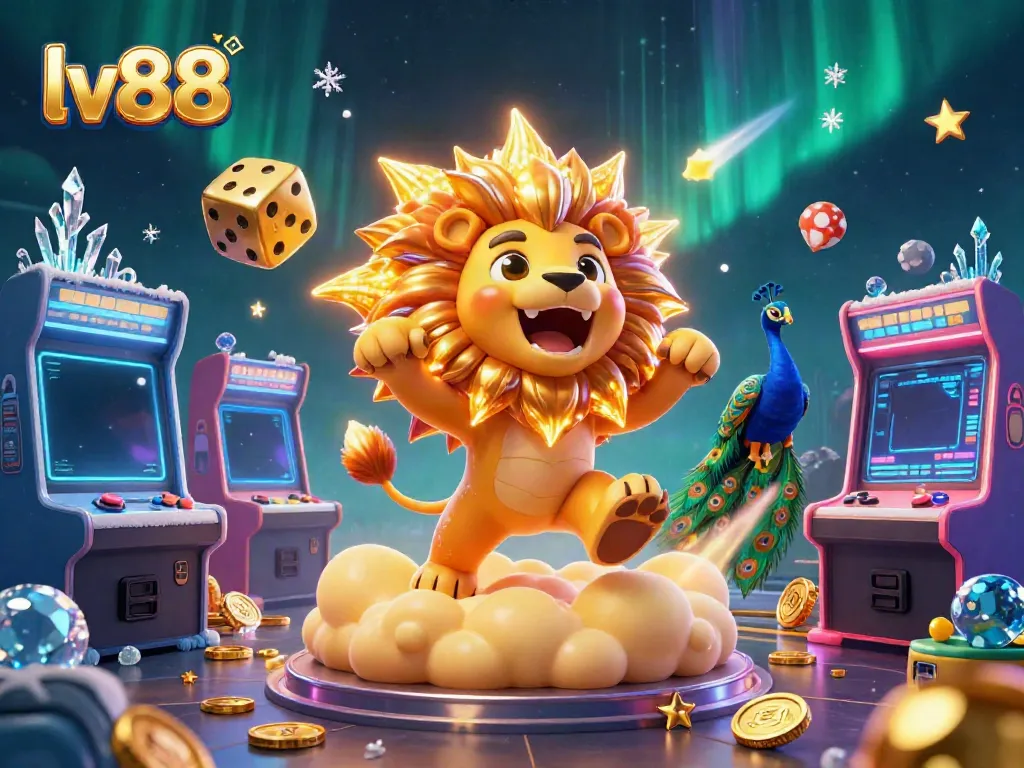 Experience thrilling gameplay with lv88 casino featuring a vibrant scene of a roaring cartoon sun lion and golden dice.