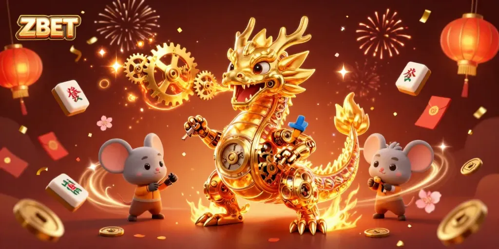 ZBET showcases a dynamic 3D dragon themed illustration with festive gambling elements for an engaging casino experience.