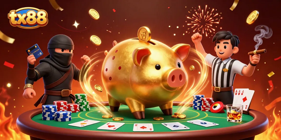Experience excitement at tx88 with a sumo wrestler piggy bank and a wallet-ninja in a dynamic casino scene.