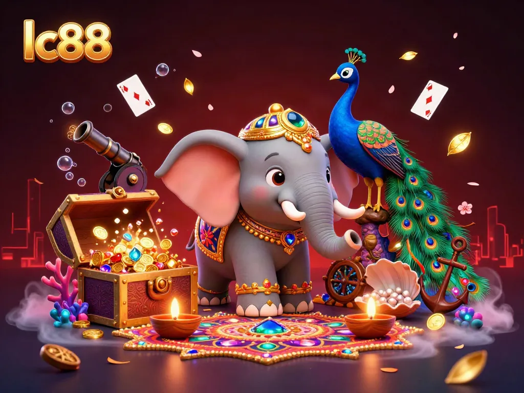 Engage with lc88's vibrant online slots experience featuring a magical elephant and peacock.