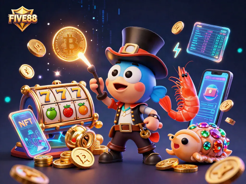 Engage with FIVE88's thrilling slots experience featuring a charismatic anglerfish and treasure elements.