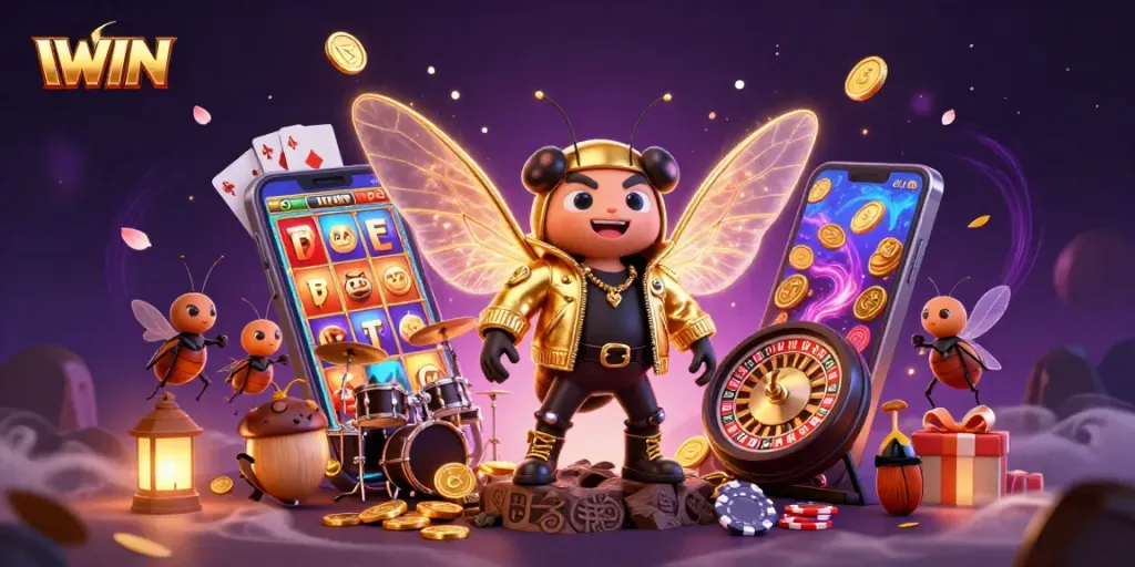 IWIN gaming theme featuring cartoon cicada rock star, golden coins, and vibrant slot games