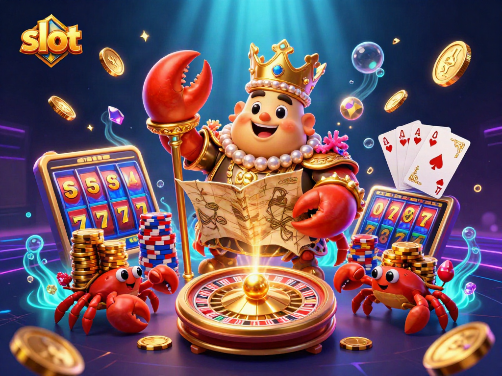 Engage with thrilling slot adventures featuring a crab emperor amidst dazzling casino symbols.