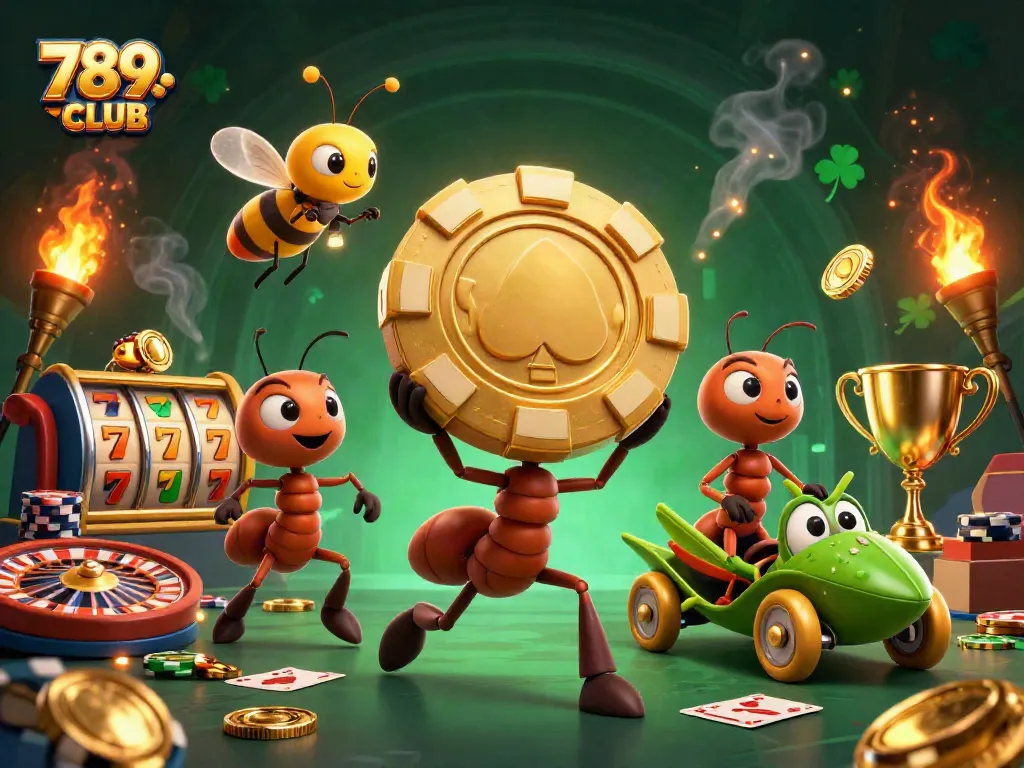 Engage with thrilling 789CLUB casino adventures featuring ants on a heist with golden poker chips.