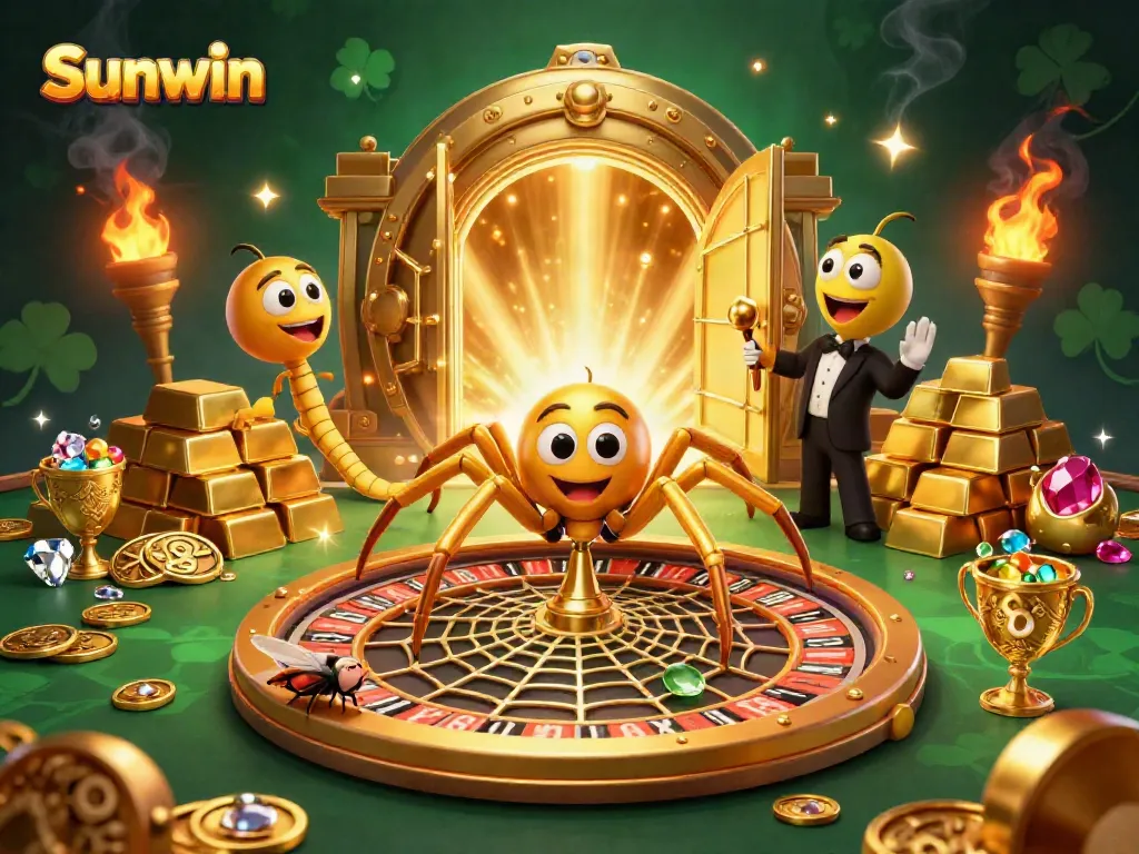 Experience thrilling gameplay at Sunwin with a vibrant roulette-themed 3D illustration featuring a golden spider.