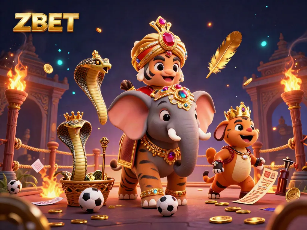 ZBET's thrilling sports betting scene featuring a tiger and elephant amidst vibrant gold elements