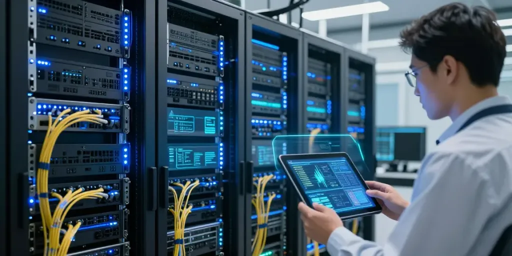 Campagnes d’influence YouTube in a modern tech environment showcasing data center innovation.