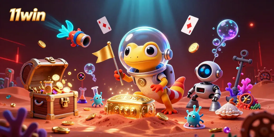Capture the excitement of 11win with a Martian gecko discovering a golden casino in vibrant 3D illustration.