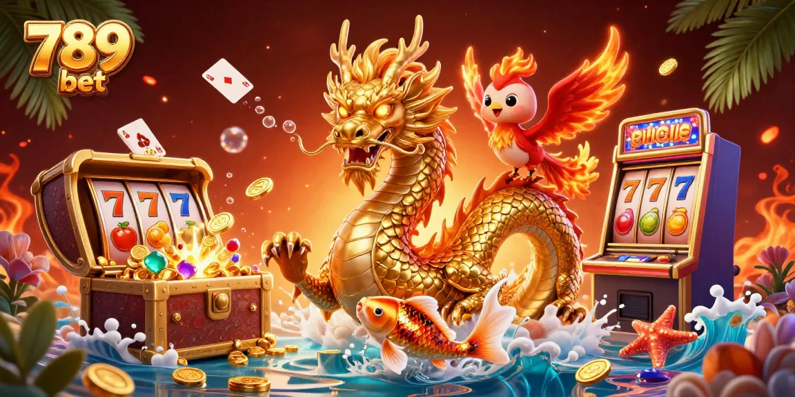 Experience the thrill of 789 bet with vibrant slot machines and a Chinese dragon illustration.